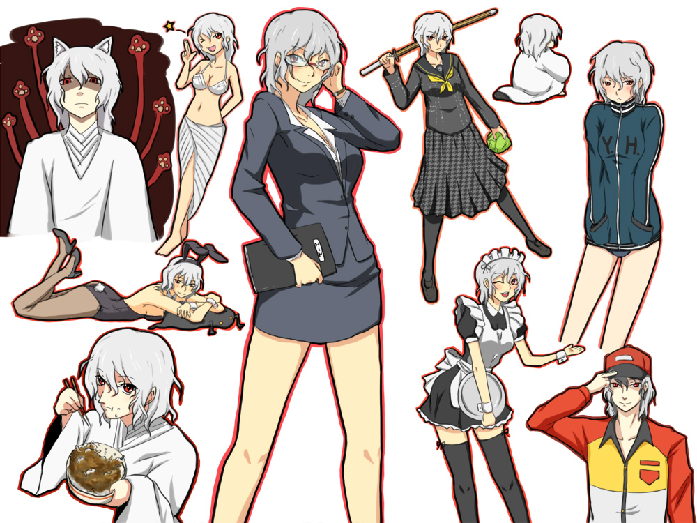 toki (tokihakashi), izanami (persona), atlus, persona, persona 4, 1girl, animal ears, bikini, breasts, cabbage, delinquent, fake animal ears, formal clothes, glasses, grey hair, hat, high heels, jacket, maid, office lady, pantyhose, pencil skirt, playboy bunny, rabbit ears, red eyes, sarong, shinai, skirt, skirt suit, suit, sukeban, swimsuit, sword, weapon