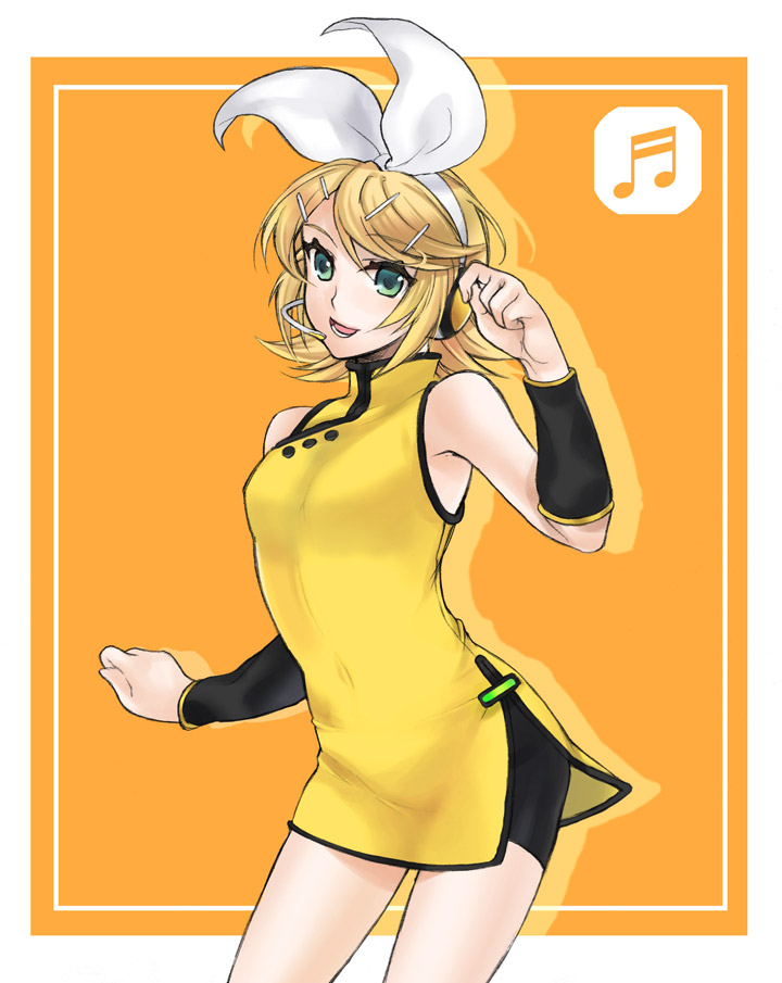 ano (pixiv131048), ano (sbee), kagamine rin, vocaloid, 1girl, blonde hair, china dress, chinese clothes, dress, female focus, green eyes, hair ornament, hair ribbon, hairclip, headphones, headset, musical note, ribbon, short dress, short hair, shorts under dress, skirt, smile, solo, yellow dress, yellow skirt