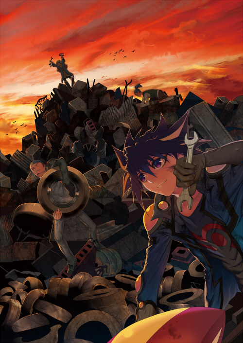 oomii (f.style), fudo yusei, rally (yuu-gi-ou), yu-gi-oh!, yu-gi-oh! 5d's, character request, 00s, 1girl, 2boys, bird, junk, junkyard, multicolored hair, multiple boys, streaked hair, wrench