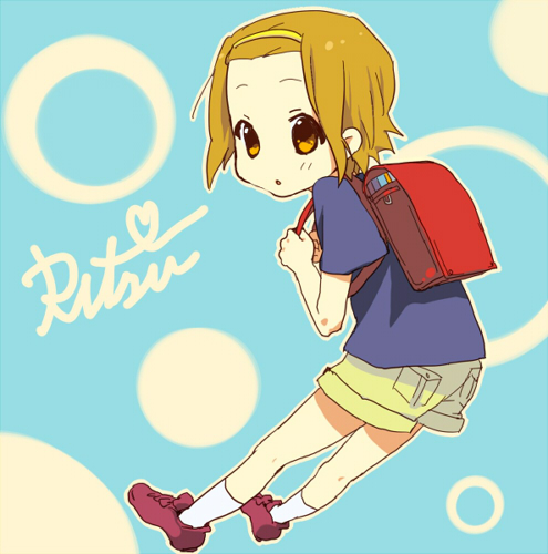 noco (adamas), tainaka ritsu, k-on!, bad id, bad pixiv id, lowres, 00s, 1girl, aged down, backpack, bag, brown eyes, brown hair, casual, child, female focus, full body, hairband, randoseru, short hair, solo