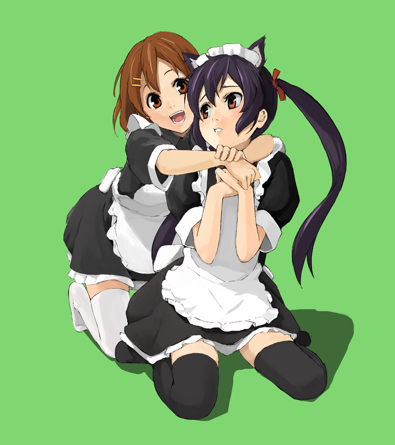 kuroko (piii), hirasawa yui, nakano azusa, k-on!, 00s, 2girls, alternate costume, animal ears, black hair, brown eyes, brown hair, cat ears, cat girl, enmaided, female focus, hug, hug from behind, kneeling, long hair, maid, multiple girls, open mouth, short hair, thighhighs, twintails, yuri