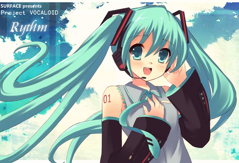 peach88, hatsune miku, vocaloid, bad id, bad pixiv id, detached sleeves, green eyes, green hair, headset, long hair, necktie, solo, twintails, very long hair