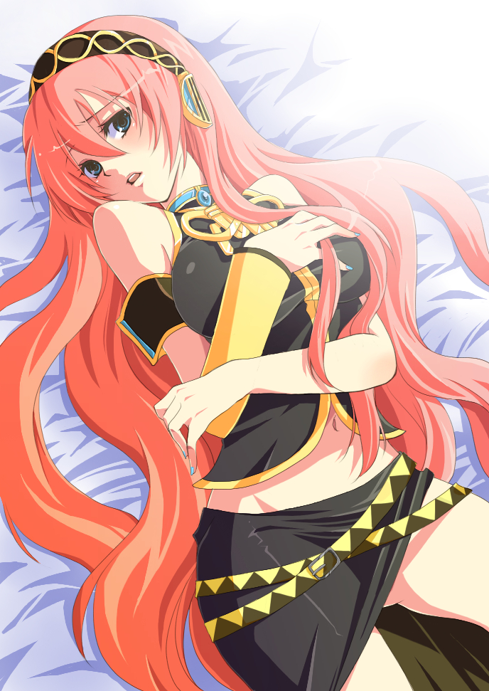 hiiro (kikokico), kiko, megurine luka, vocaloid, bad id, bad pixiv id, 1girl, armlet, bare shoulders, bed, bed sheet, belt, blue eyes, blue nails, blush, breasts, embarrassed, female focus, headset, jewelry, large breasts, long hair, lying, midriff, nail polish, navel, on back, pink hair, side slit, solo, very long hair
