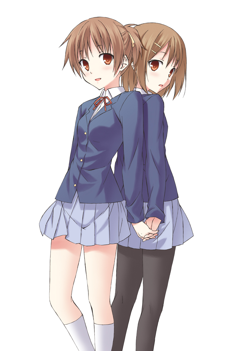 mikaze takashi, hirasawa ui, hirasawa yui, k-on!, 00s, 2girls, back-to-back, blazer, blush, bow, bowtie, brown eyes, brown hair, female focus, hair ornament, hairclip, holding hands, jacket, multiple girls, pantyhose, ponytail, school uniform, short hair, short ponytail, siblings, simple background, sisters, skirt, socks, standing, twins, yuri
