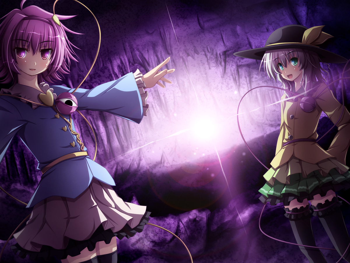 akashio (loli ace), komeiji koishi, komeiji satori, touhou, silver hair, bad id, bad pixiv id, 2girls, black thighhighs, dress, female focus, green eyes, hairband, hat, heart, multiple girls, purple eyes, purple hair, siblings, sisters, skirt, thighhighs, zettai ryouiki