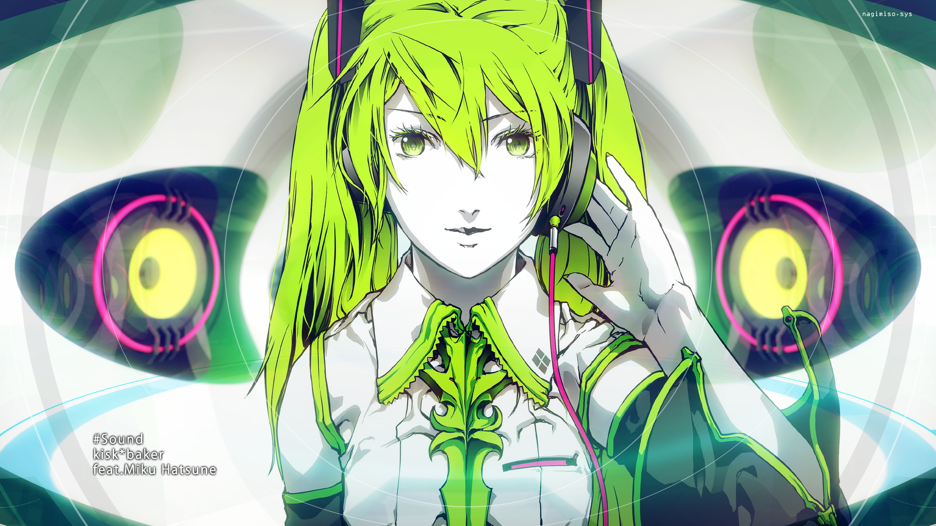 nagimiso, hatsune miku, roshin yuukai (vocaloid), vocaloid, highres, 1girl, adapted costume, cable, collared shirt, colored skin, detached sleeves, eyelashes, female focus, green eyes, green hair, hair between eyes, hand on headphones, headphones, long hair, matching hair/eyes, shirt, solo, song name, twintails, white skin