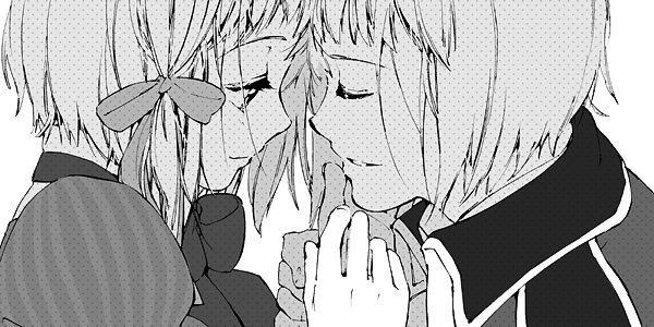 akutsu (yuumi), liechtenstein (hetalia), switzerland (hetalia), axis powers hetalia, 00s, greyscale, hair ribbon, holding hands, monochrome, ribbon, short hair, siblings, smile