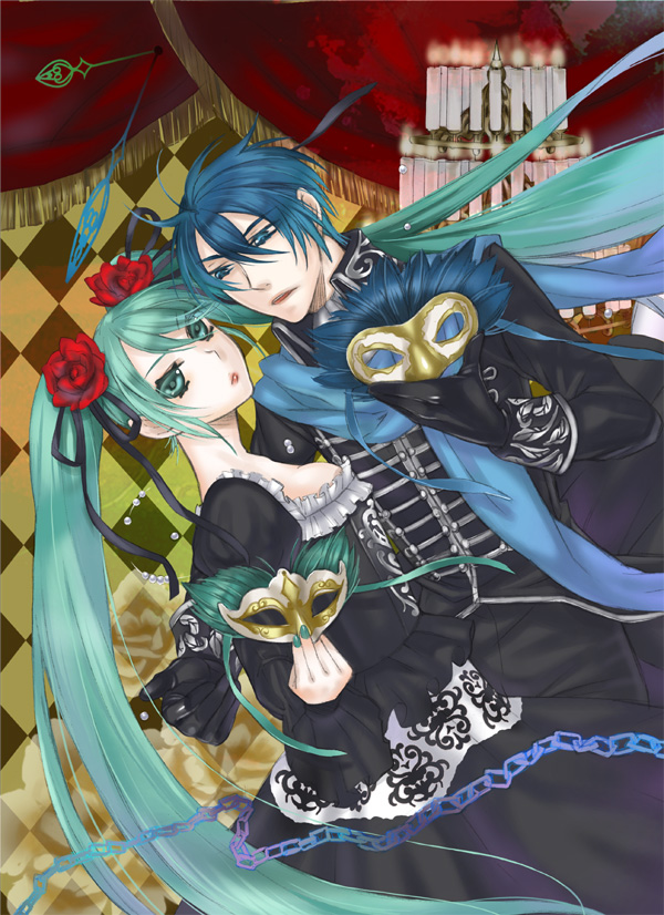 ano (pixiv131048), ano (sbee), hatsune miku, kaito (vocaloid), cantarella, cantarella (vocaloid), vocaloid, 1boy, 1girl, aqua eyes, aqua hair, black dress, blue eyes, blue hair, blue scarf, candle, chain, dress, flower, gloves, hair flower, hair ornament, hair ribbon, long hair, mask, ribbon, rose, scarf, twintails, very long hair