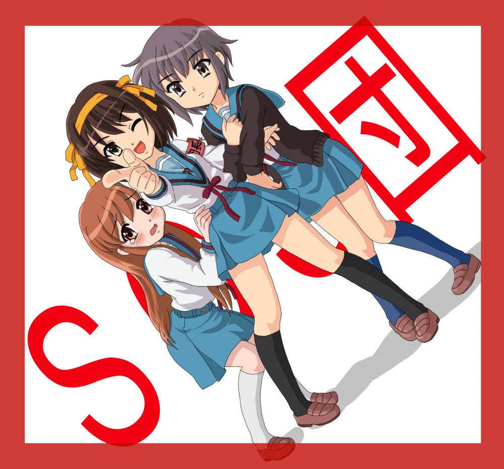 chunpai, asahina mikuru, nagato yuki, suzumiya haruhi, suzumiya haruhi no yuuutsu, 00s, 3girls, brown eyes, brown hair, cardigan, dutch angle, foreshortening, grey hair, hairband, long hair, multiple girls, one eye closed, pointing, school uniform, serafuku, short hair, wink