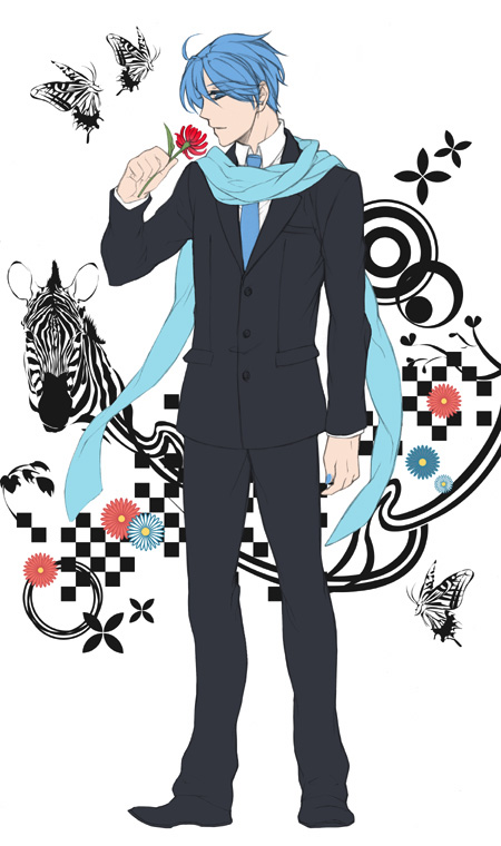 ano (pixiv131048), ano (sbee), kaito (vocaloid), saihate (vocaloid), vocaloid, 1boy, blue eyes, blue hair, blue necktie, blue scarf, bug, butterfly, flower, formal clothes, full body, holding, holding flower, insect, male focus, matching hair/eyes, necktie, scarf, short hair, solo, standing, suit, zebra