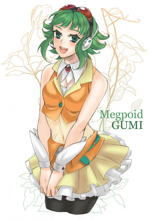 ano (pixiv131048), ano (sbee), gumi, vocaloid, 1girl, belt, female focus, flower, goggles, green eyes, green hair, headphones, headset, matching hair/eyes, midriff, pantyhose, rose, skirt, smile, solo, wing collar, wrist cuffs