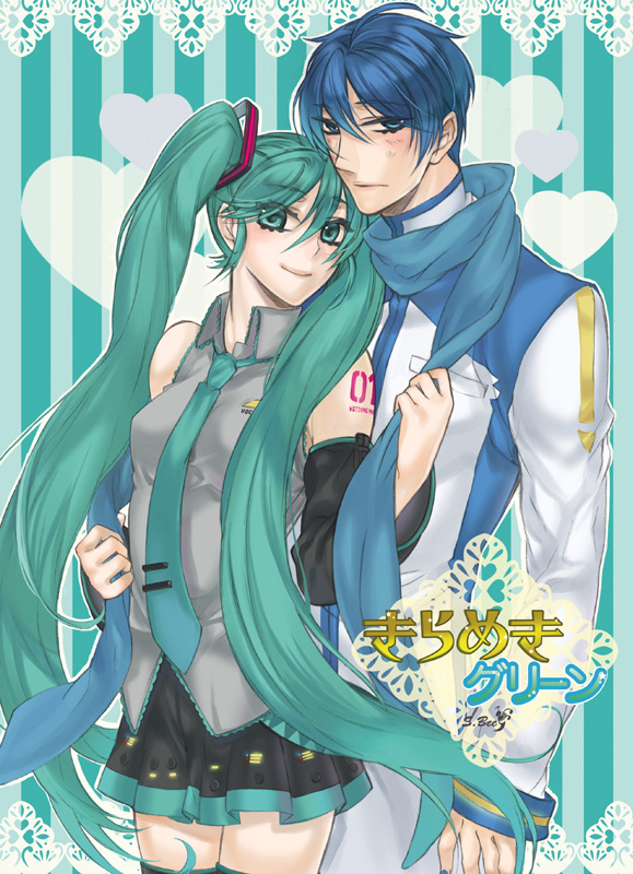 ano (pixiv131048), ano (sbee), hatsune miku, kaito (vocaloid), vocaloid, 1boy, 1girl, aqua eyes, aqua hair, blue eyes, blue hair, blue scarf, blush, detached sleeves, long hair, necktie, scarf, skirt, smile, thighhighs, twintails, zettai ryouiki