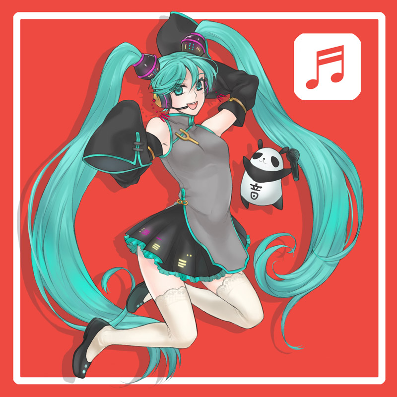 ano (pixiv131048), ano (sbee), hatsune miku, project diva, project diva (series), vocaloid, 1girl, aqua eyes, aqua hair, blouse, china dress, chinese clothes, detached sleeves, dress, female focus, grey shirt, headphones, headset, lolita fashion, long hair, microphone, miniskirt, musical note, panda, pelvic curtain, qi lolita, shirt, skirt, smile, solo, stuffed animal, stuffed panda, stuffed toy, thighhighs, twintails, very long hair, zettai ryouiki