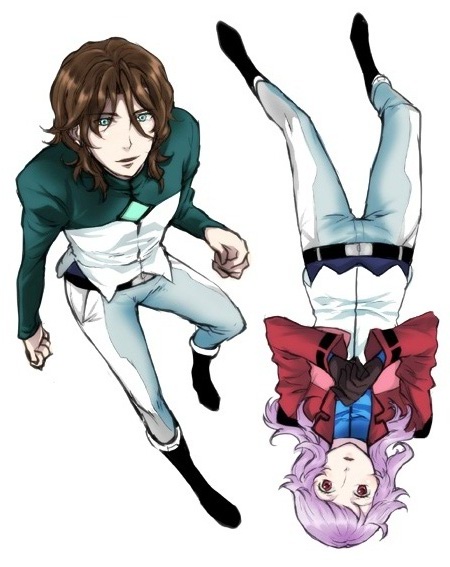 higi (rodriguez), anew returner, lyle dylandy, gundam, gundam 00, light purple hair, bad id, bad pixiv id, 00s, 1boy, 1girl, boots, brown hair, couple, cropped jacket, gloves, hetero, upside-down