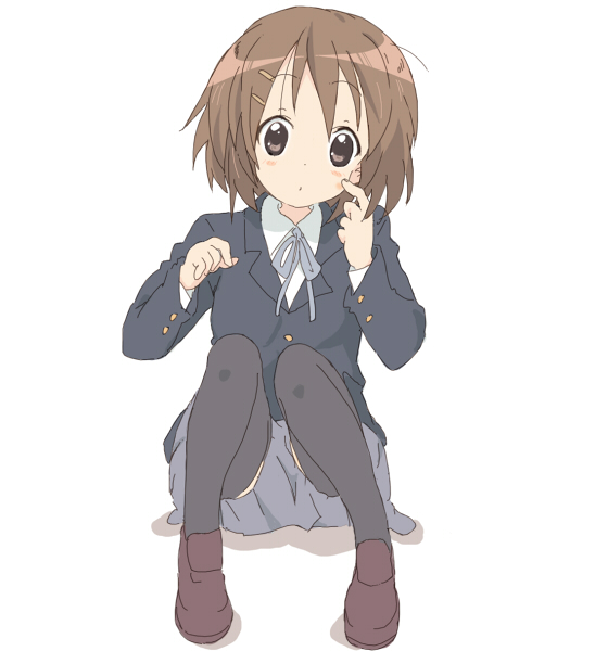 core (mayomayo), hirasawa yui, k-on!, bad id, bad pixiv id, 00s, 1girl, female focus, full body, school uniform, simple background, sitting, solo, thighhighs, white background