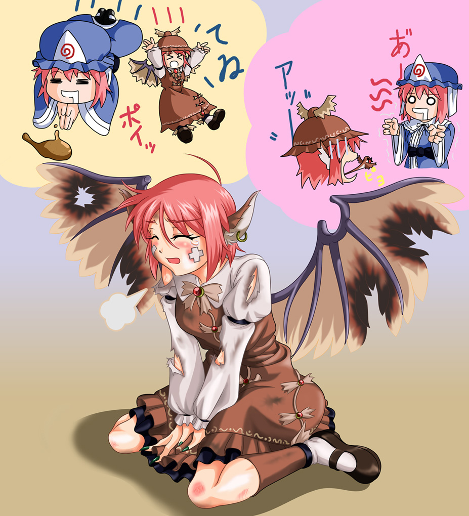 chimu, mystia lorelei, saigyouji yuyuko, touhou, 2girls, animal ears, earrings, female focus, green nails, hat, injury, jewelry, multiple girls, nail polish, pink hair, short hair, torn clothes, wings
