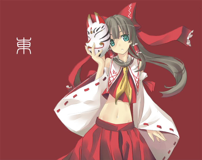 nabeshima tetsuhiro, hakurei reimu, touhou, 1girl, aqua eyes, bow, brown hair, crop top, detached sleeves, female focus, fox mask, green eyes, hair bow, hair tubes, japanese clothes, mask, midriff, miko, navel, red theme, solo