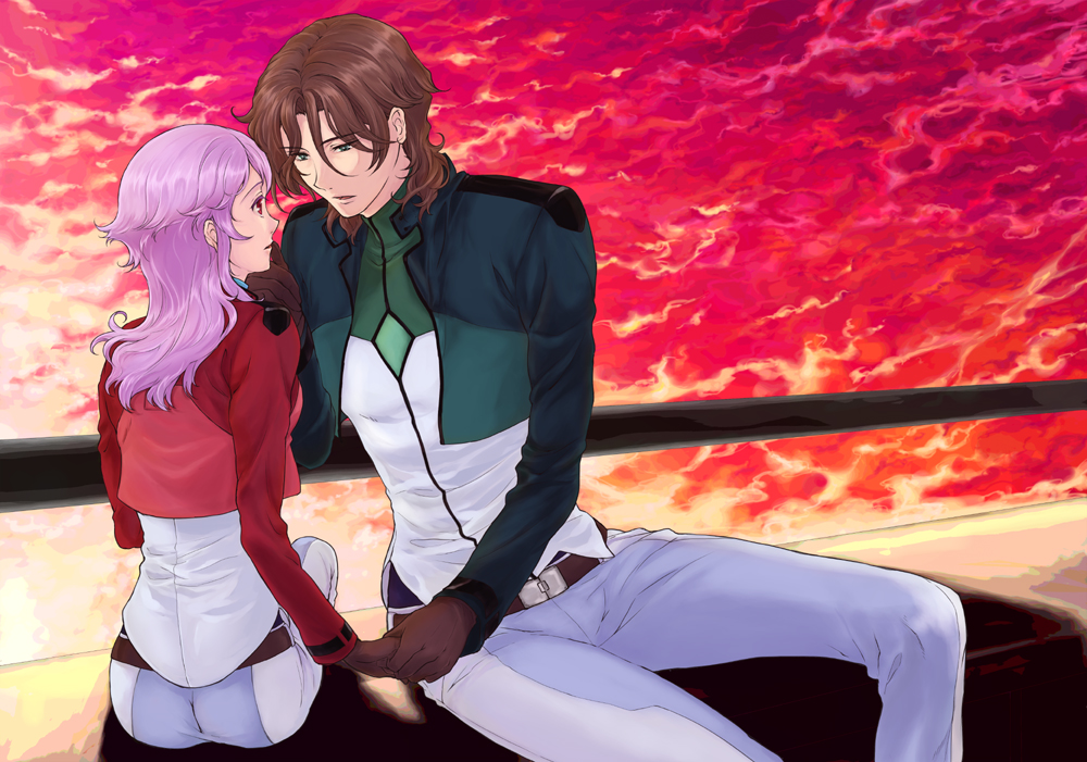 higi (rodriguez), anew returner, lockon stratos, lyle dylandy, gundam, gundam 00, light purple hair, 00s, 1boy, 1girl, ass, belt, brown hair, couple, cropped jacket, dating, eye contact, gloves, green eyes, hetero, holding hands, looking at another, outdoors, pants, red eyes, sitting, sky, twilight