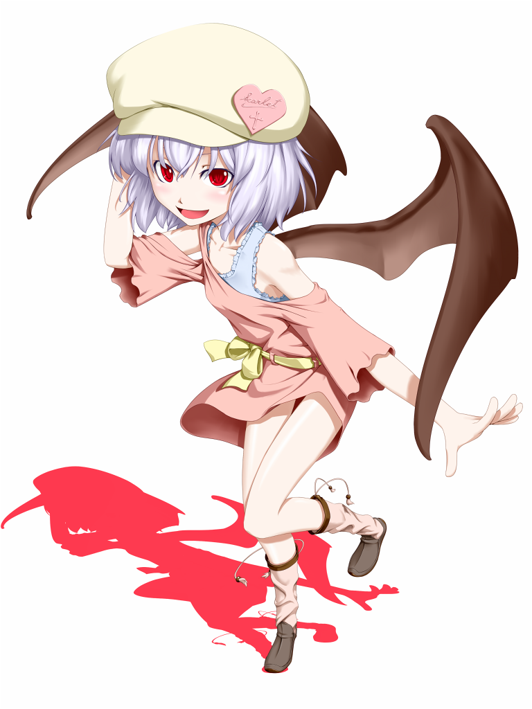 kentairui, remilia scarlet, touhou, 1girl, alternate costume, bat wings, blue hair, casual, contemporary, female focus, hat, legs, red eyes, short hair, solo, wings