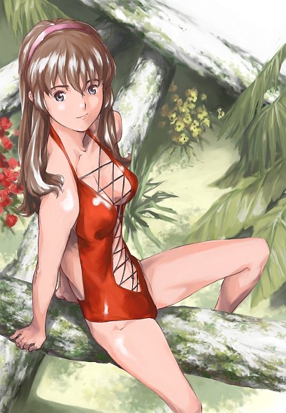 hitomi (doa), dead or alive, tecmo, 1girl, arm support, bare shoulders, blue eyes, brown hair, casual one-piece swimsuit, collarbone, female focus, lips, one-piece swimsuit, smile, solo, swimsuit, tree