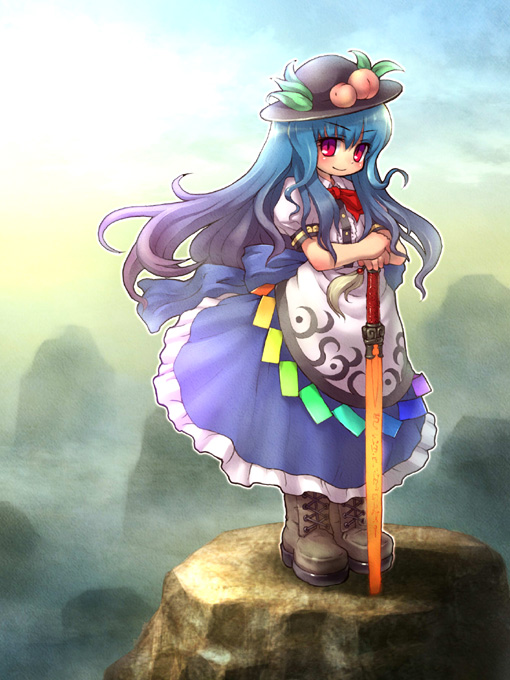 sankuma, hinanawi tenshi, touhou, 1girl, blue hair, boots, female focus, food, fruit, hat, outdoors, peach, red eyes, sky, solo, sword, sword of hisou, weapon