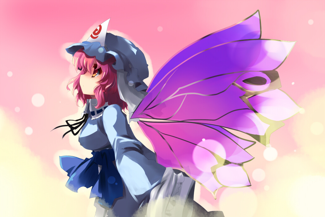 shin (new), saigyouji yuyuko, touhou, 1girl, female focus, hat, solo, wings