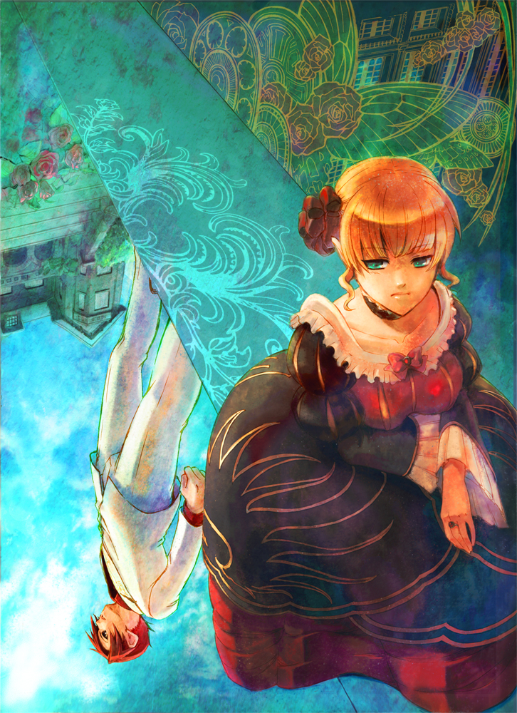 yamato (inraitei), beatrice (umineko), ushiromiya battler, umineko no naku koro ni, 00s, blonde hair, dress, from above, from below, green eyes, red hair, sitting