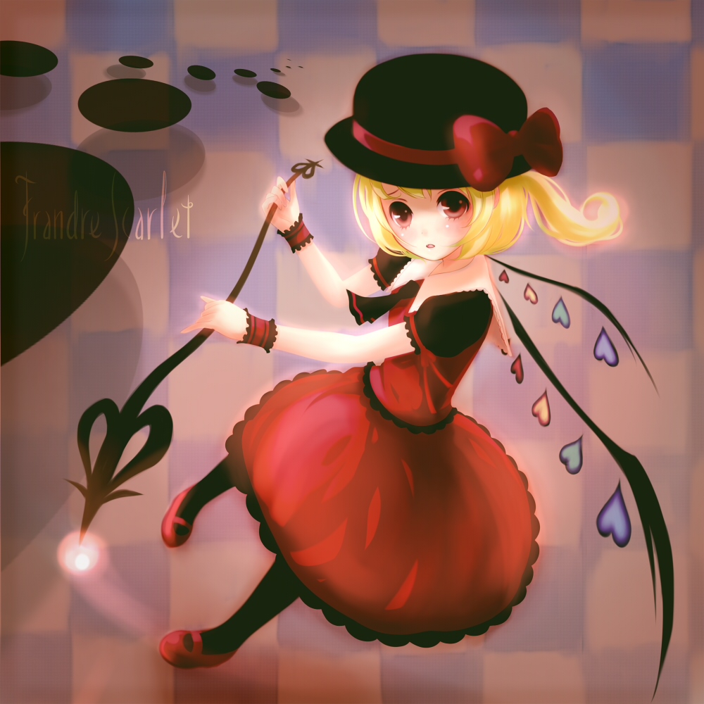 yori, yori (shitsuon), flandre scarlet, embodiment of scarlet devil, touhou, 1girl, alternate wings, blonde hair, female focus, hat, heart, laevatein, polearm, ponytail, red eyes, short hair, side ponytail, solo, spear, weapon, wings, wrist cuffs