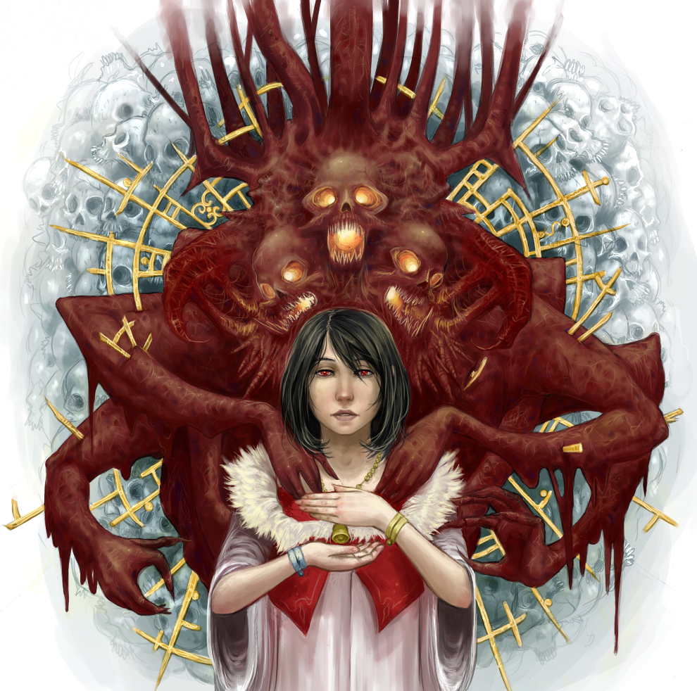1girl, bell, black hair, bracelet, demon, extra arms, female focus, jewelry, multi limb, multiple heads, red eyes, robe, skull, solo