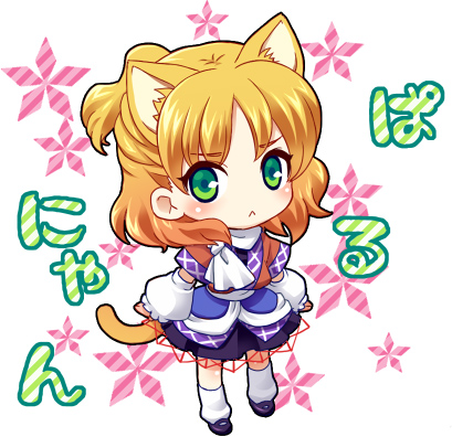 mochiya marosuke, mizuhashi parsee, touhou, lowres, 1girl, :<, alternate hairstyle, animal ears, arm warmers, blonde hair, cat ears, cat girl, cat tail, chibi, female focus, frown, green eyes, half updo, kemonomimi mode, nyan, paru paru, ponytail, scarf, short hair, solo, tail