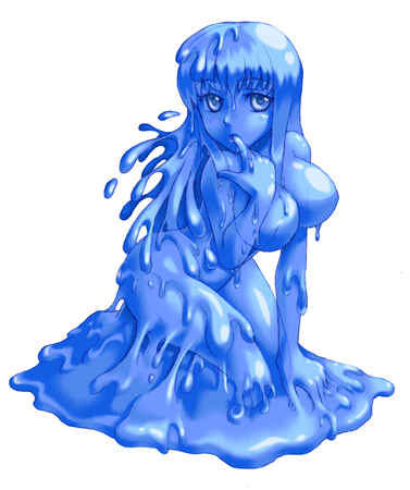 kenkou cross, slime (monster girl encyclopedia), monster girl encyclopedia, lowres, blue eyes, blue hair, blue theme, breasts, monster girl, no nipples, slime girl