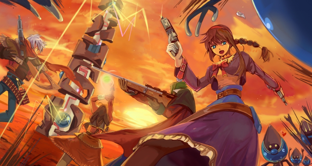 ahiru777, clive winslett, gallows carradine, jet enduro, virginia maxwell, wild arms, wild arms 3, bad id, bad pixiv id, 1girl, 3boys, alien, battle, dreadlocks, dress, field, fringe trim, gun, hairband, monster, multiple boys, purple dress, red hairband, rifle, sunset, telepath tower, tower, weapon