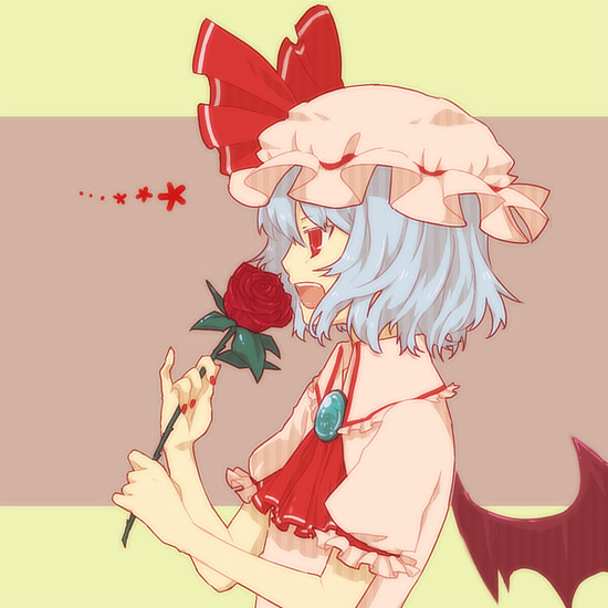 mimana, remilia scarlet, touhou, 1girl, bat wings, blue hair, female focus, flower, hat, nail polish, red eyes, red nails, rose, short hair, smelling, smelling flower, solo, wings