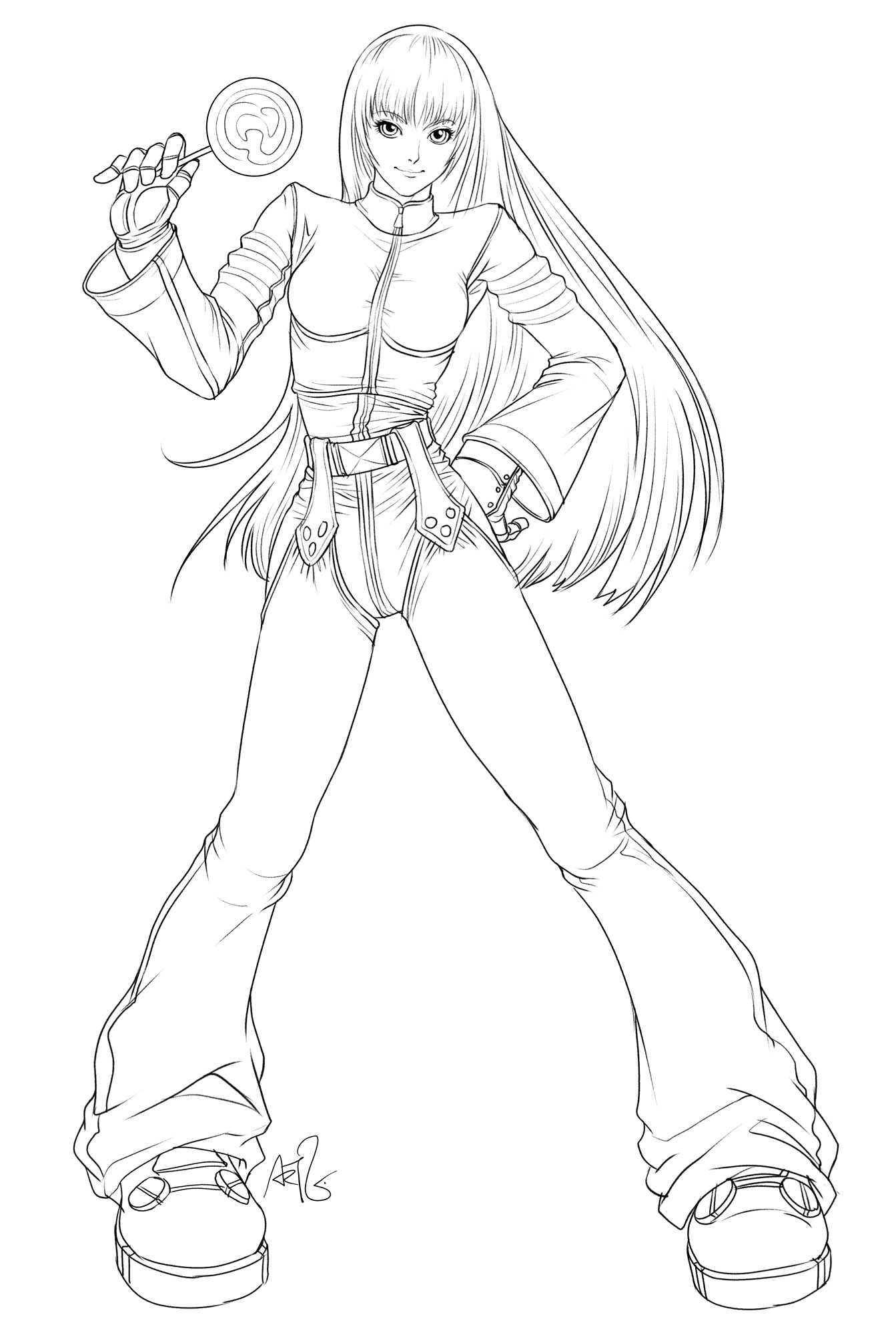 stanley lau, kula diamond, snk, the king of fighters, highres, candy, lineart, lollipop, long hair, monochrome, swirl lollipop