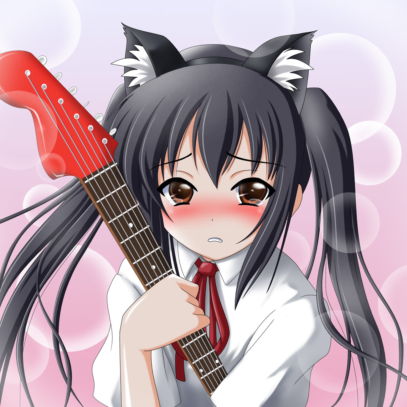 final (artist), narurun (final123), nakano azusa, k-on!, highres, 00s, 1girl, animal ears, black hair, blush, brown eyes, cat ears, cat girl, female focus, guitar, instrument, long hair, neck ribbon, red ribbon, ribbon, school uniform, solo, tears, twintails