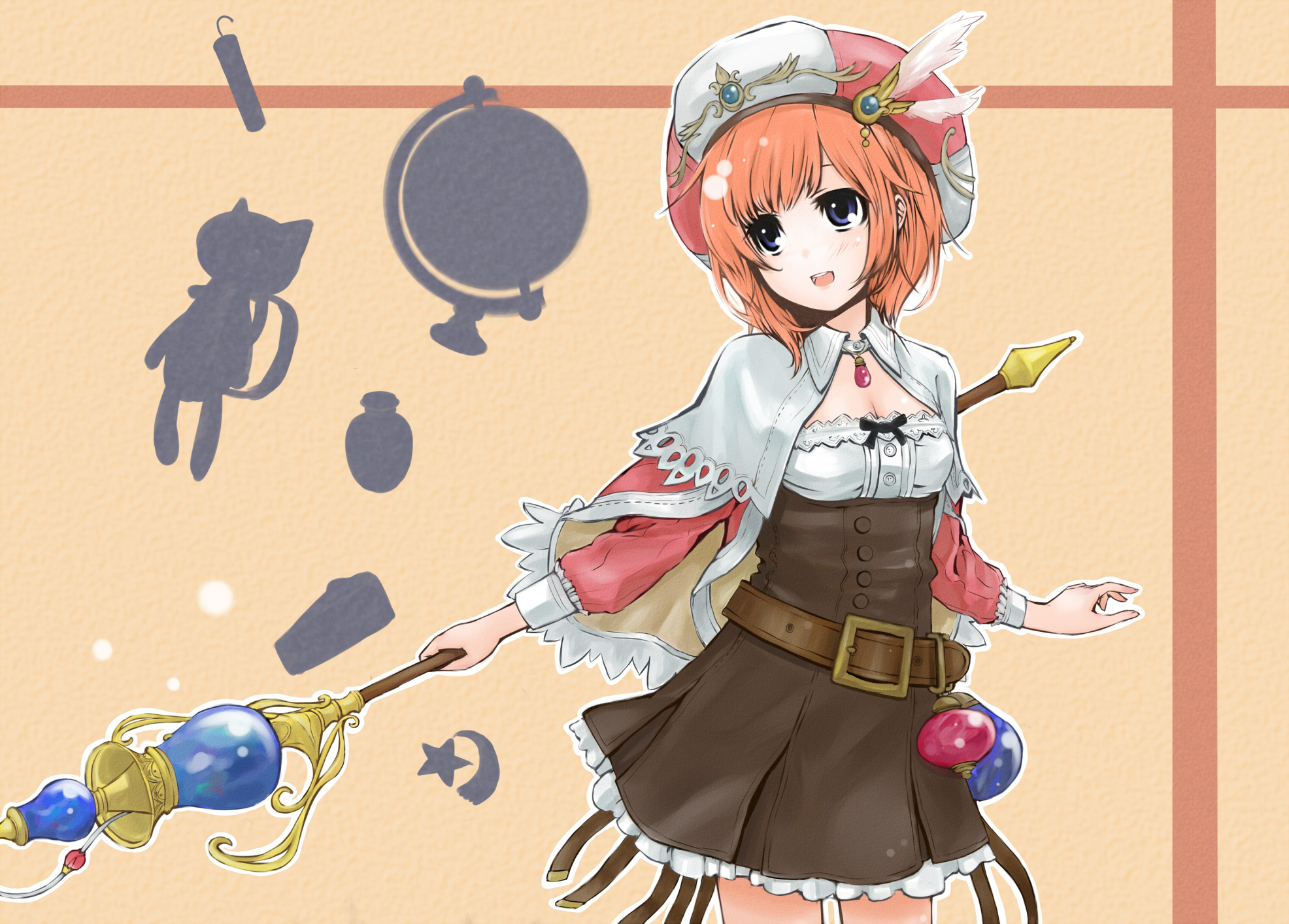 shira-kaba, rorolina frixell, atelier (series), atelier rorona, highres, 1girl, belt, blonde hair, blue eyes, breasts, brown dress, brown hair, cleavage, dress, female focus, hat, orange background, smile, solo, weapon