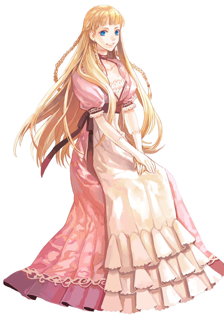 toichi (ik07), original, bad id, bad pixiv id, highres, blonde hair, blue eyes, braid, choker, dress, empire line gown, gloves, gown, long hair, puffy sleeves, smile, solo, very long hair, victorian