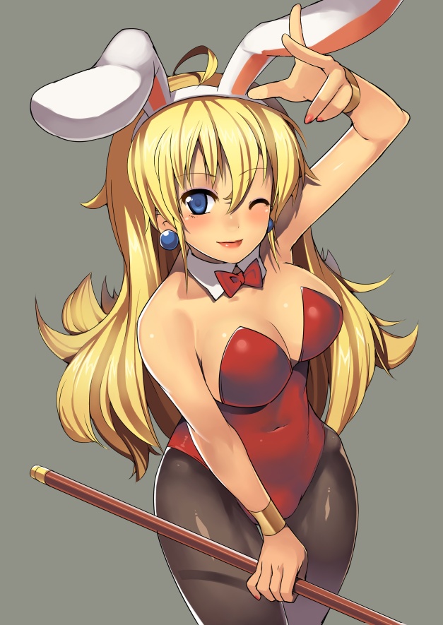nagase haruhito, vivian (dq4), chunsoft, dragon quest, dragon quest iv, enix, bad id, bad pixiv id, 1girl, animal ears, blonde hair, blue eyes, earrings, fake animal ears, female focus, jewelry, one eye closed, pantyhose, playboy bunny, rabbit ears, simple background, solo, wink