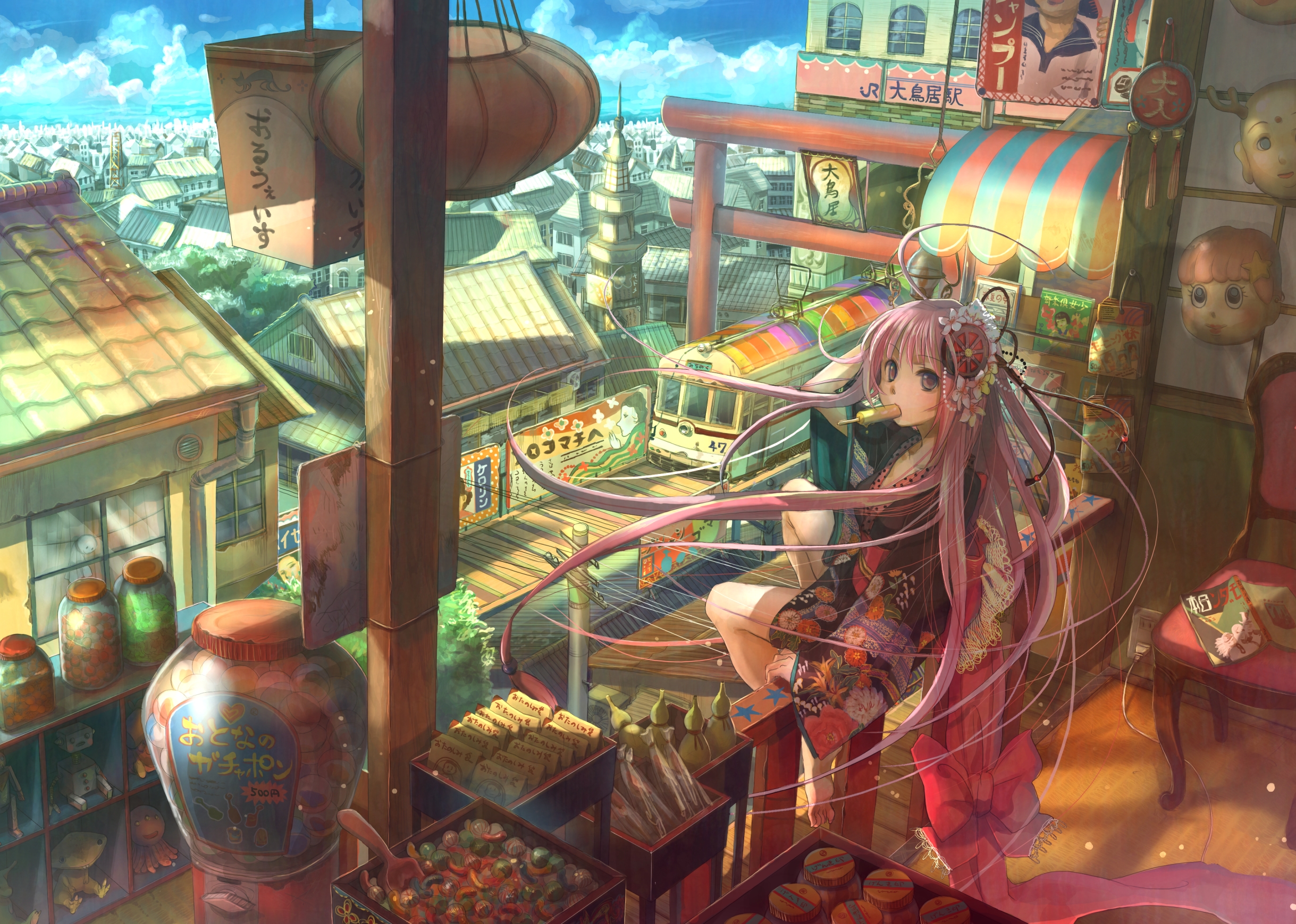 fuzichoco, sento-kun, original, highres, 1girl, barefoot, blue sky, candy, chair, city, cityscape, cloud, day, female focus, flower, food, gashapon, hair ornament, hairpin, japanese clothes, kimono, lantern, long hair, nara mascot, pink eyes, pink hair, popsicle, scenery, sitting, sky, solo, teruterubouzu, tile roof, torii, train, very long hair