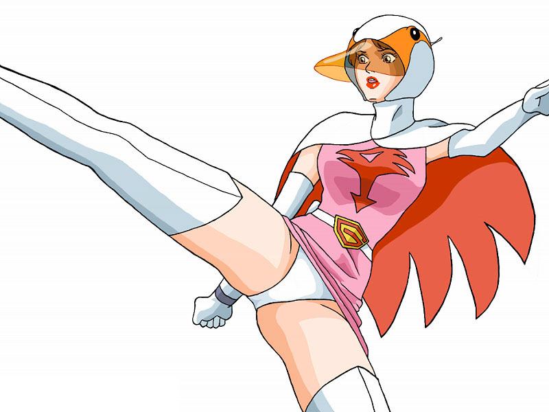 jun the swan, gatchaman, tatsunoko production, visor, 1970s (style), boots, cape, clothes lift, elbow gloves, gloves, helmet, high kick, kicking, oldschool, panties, pantyshot, retro artstyle, skirt, skirt lift, solo, thigh boots, thighhighs, underwear