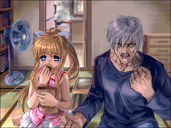 mutsuki (moonknives), kamio misuzu, kunisaki yukito, air (visual novel), key (company), silver hair, 00s, blonde hair, blue eyes, eating, electric fan, food, hair ribbon, ponytail, ribbon, senbei