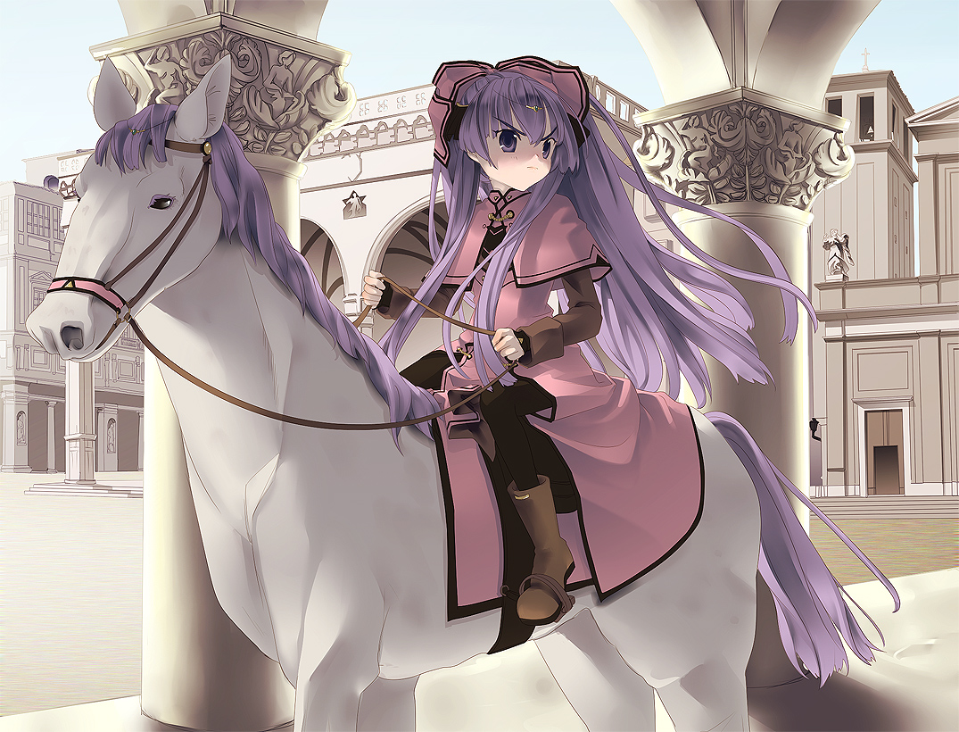 tomiwo, original, animal, boots, building, circlet, day, hair ribbon, horse, horseback riding, long hair, outdoors, ponytail, purple eyes, purple hair, ribbon, riding, solo, very long hair