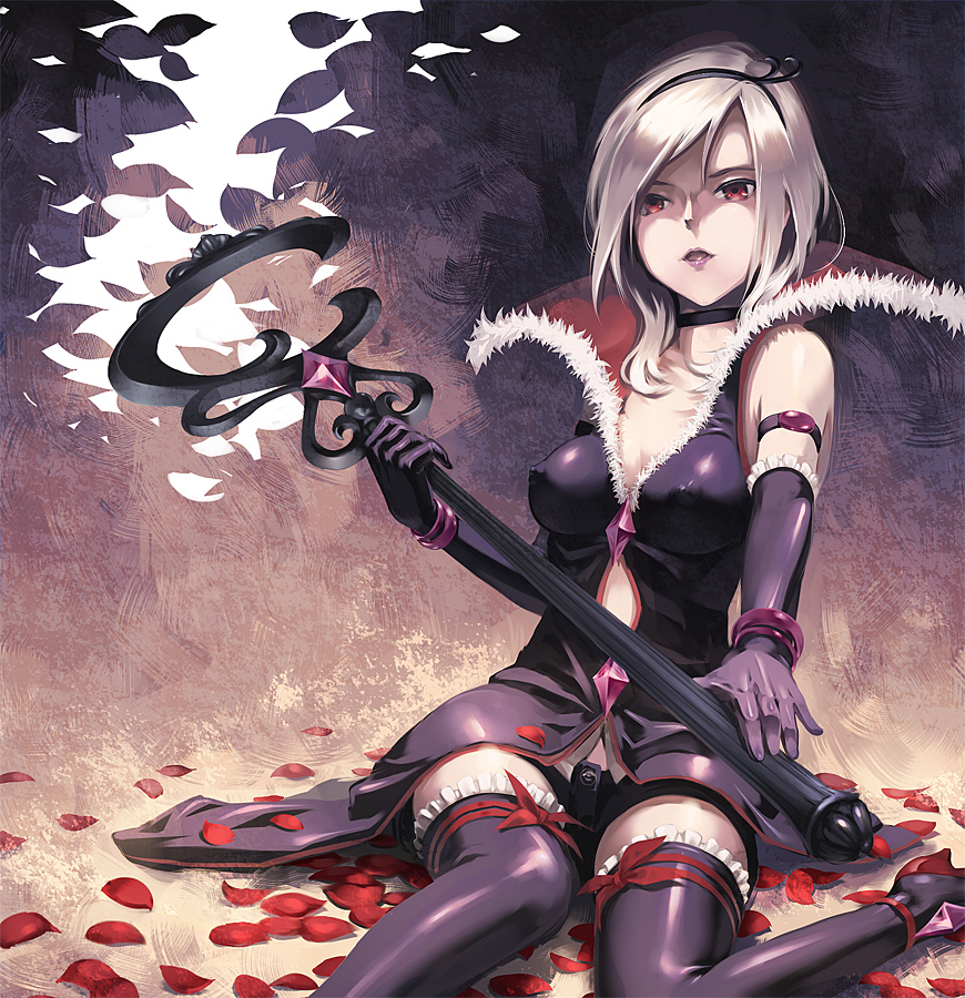 tomiwo, eas (fresh precure!), higashi setsuna, fresh precure!, precure, black neckwear, 00s, 1girl, bare shoulders, black shorts, breasts, choker, covered erect nipples, elbow gloves, female focus, gloves, hairband, high heels, medium breasts, petals, red eyes, shoes, shorts, sitting, solo, staff, thighhighs, white hair, zettai ryouiki