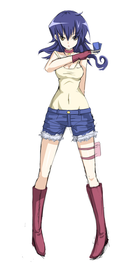 gogochi, tasogare mimi, duel masters, 1girl, arm behind back, blue hair, boots, card, choker, covered navel, denim, denim shorts, female focus, fingerless gloves, full body, gloves, holding, holding card, knee boots, long hair, pigeon-toed, shorts, solo, thigh strap, white background, yellow eyes