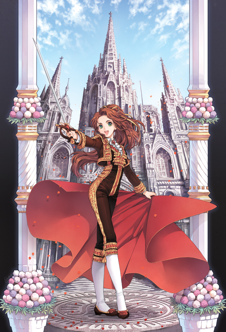 nardack, sable, original, white legwear, bad id, bad pixiv id, 1girl, architecture, barcelona, black shoes, brown hair, building, bullfighter, cape, cathedral, cathedral of santa eulalia, church, cloud, cropped jacket, cross, day, earrings, falling petals, female focus, flat chest, flower, flower pot, full body, gothic architecture, green eyes, hair ribbon, happy, holding, jewelry, long hair, matador, open mouth, outdoors, outstretched arm, petals, plant, ponytail, potted plant, rapier, ribbon, sable (nardack), shoes, sky, smile, solo, spain, sword, very long hair, weapon