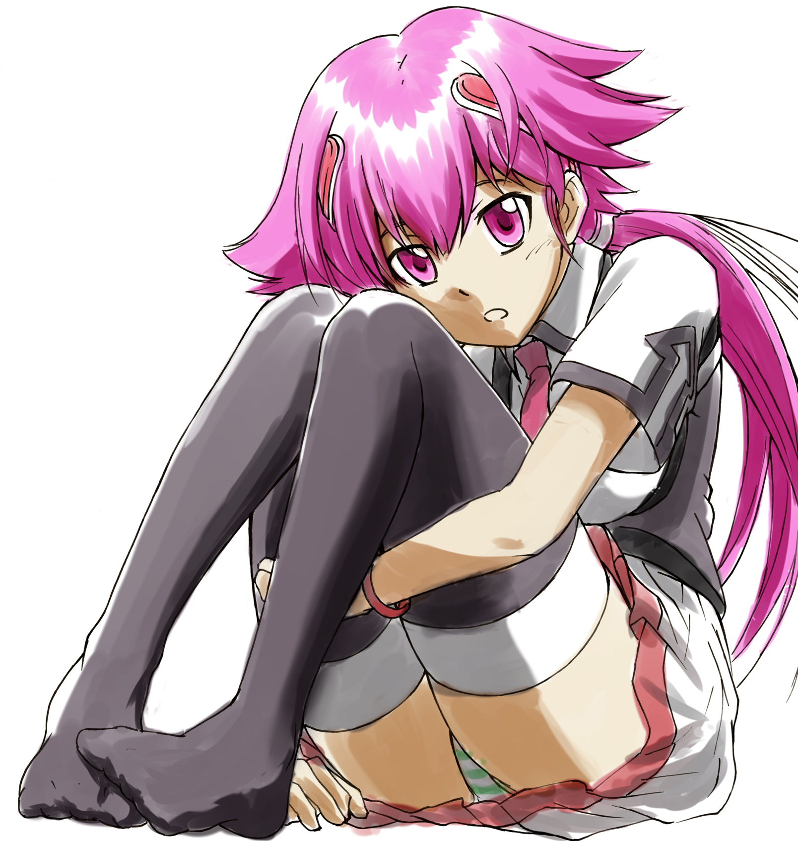 wawon, shishidou akiha, sora wo kakeru shoujo, highres, 00s, 1girl, faux traditional media, feet, female focus, hugging own legs, panties, pantyshot, pink hair, school uniform, sitting, solo, striped clothes, striped panties, thighhighs, underwear