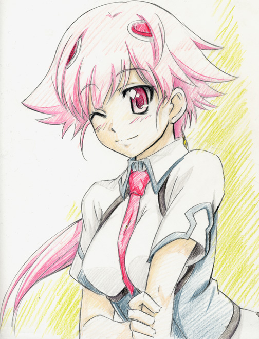 wawon, shishidou akiha, sora wo kakeru shoujo, traditional media, 00s, one eye closed, pink hair, school uniform, solo, wink