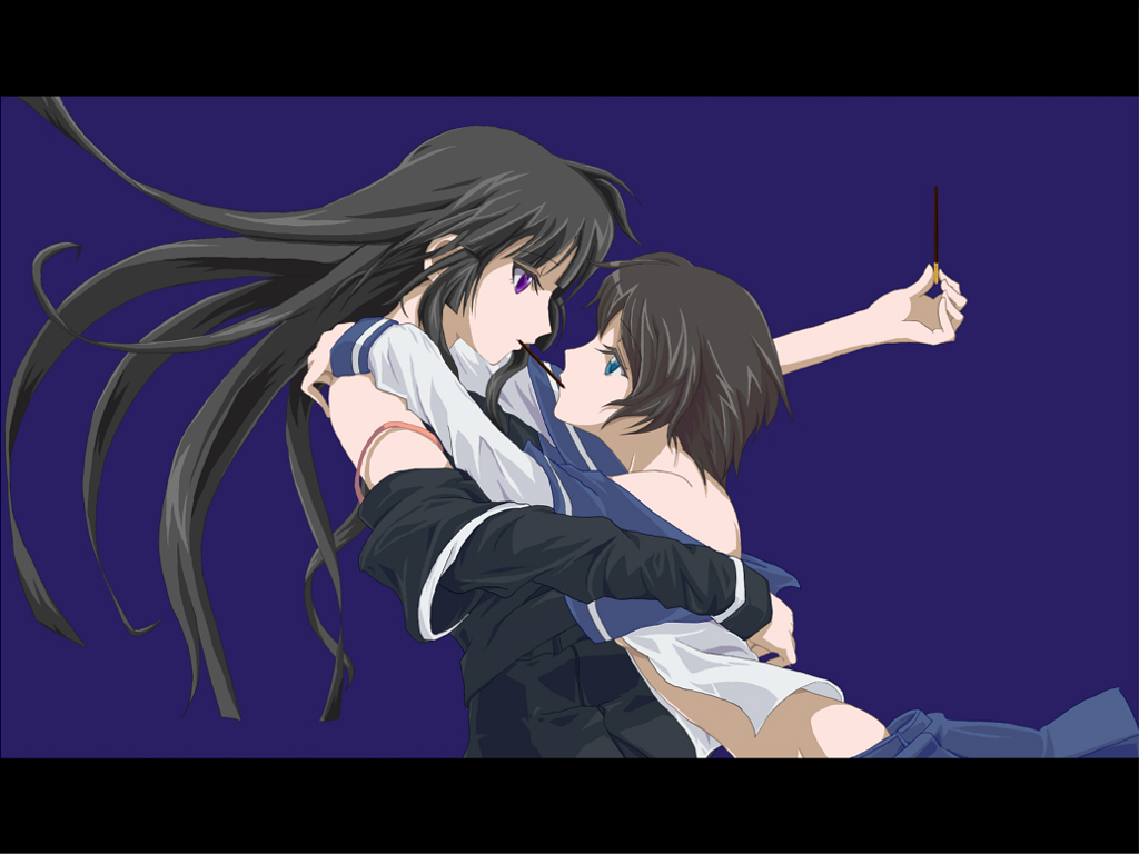 maji kichi, isayama yomi, tsuchimiya kagura, ga-rei, ga-rei zero, kannazuki no miko, bad id, bad pixiv id, 2girls, black hair, black serafuku, blue eyes, blunt bangs, brown hair, food, hime cut, hug, letterboxed, long hair, miko embrace, multiple girls, parody, pocky, pocky kiss, purple eyes, school uniform, serafuku, shared food, short hair, skirt, yuri