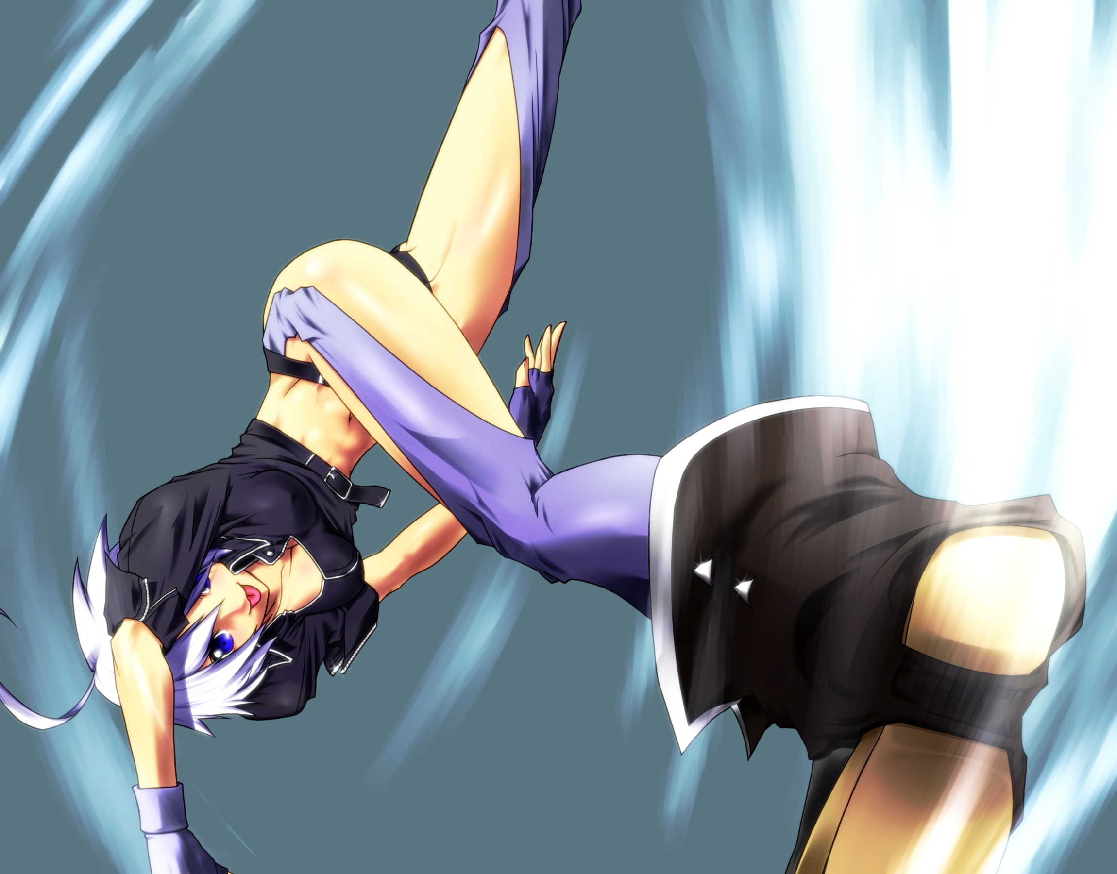 jin (mugenjin), angel (kof), snk, the king of fighters, highres, 1girl, ahoge, blue eyes, female focus, kicking, midriff, panties, short hair, solo, thighhighs, tongue, underwear, white hair