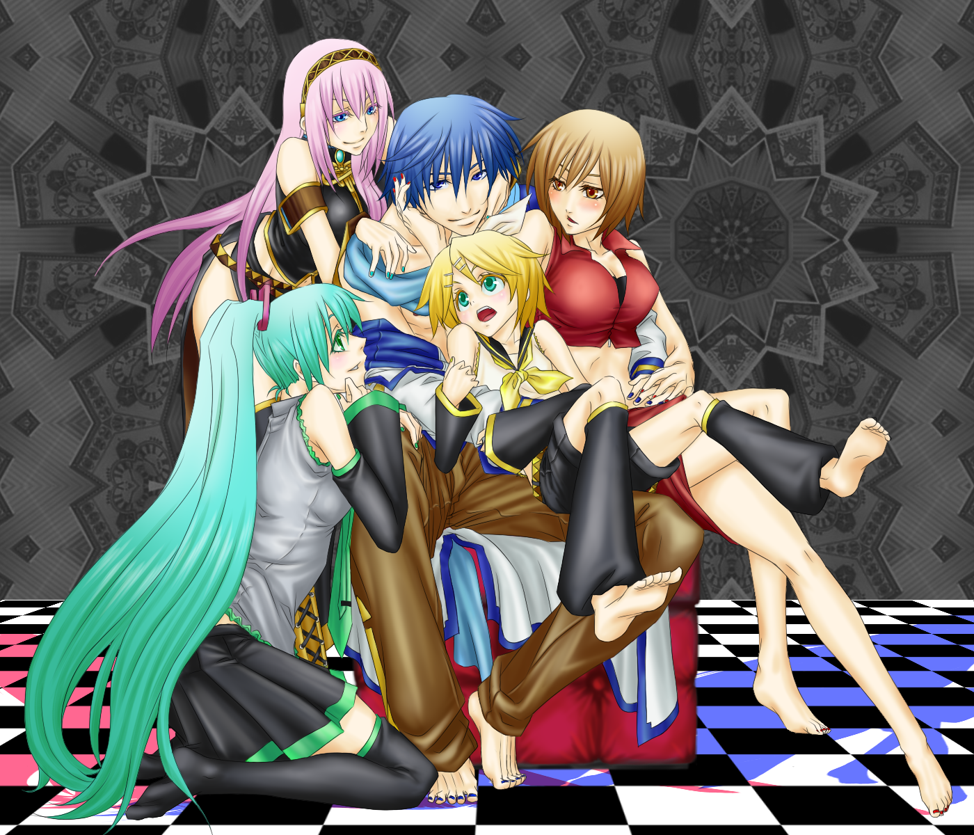 hikari (zanxnen), koorikari, hatsune miku, kagamine rin, kaito (vocaloid), megurine luka, meiko (vocaloid), vocaloid, bad id, bad pixiv id, highres, 1boy, 4girls, aqua eyes, aqua hair, bad end, barefoot, blonde hair, blue eyes, blue hair, blush, breasts, brown eyes, brown hair, cleavage, everyone, feet, girl sandwich, hair ornament, hair ribbon, hairclip, harem, kneeling, large breasts, long hair, midriff, multiple girls, nail polish, pimp, pink hair, ribbon, sandwiched, scarf, short hair, sitting, skirt, soles, thighhighs, twintails, zettai ryouiki